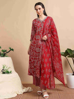 Load image into Gallery viewer, Red Fancy Cotton Floral Printed Anarkali Kurti,Pant and Dupatta Set
