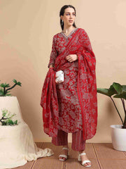 Red Fancy Cotton Floral Printed Anarkali Kurti,Pant and Dupatta Set