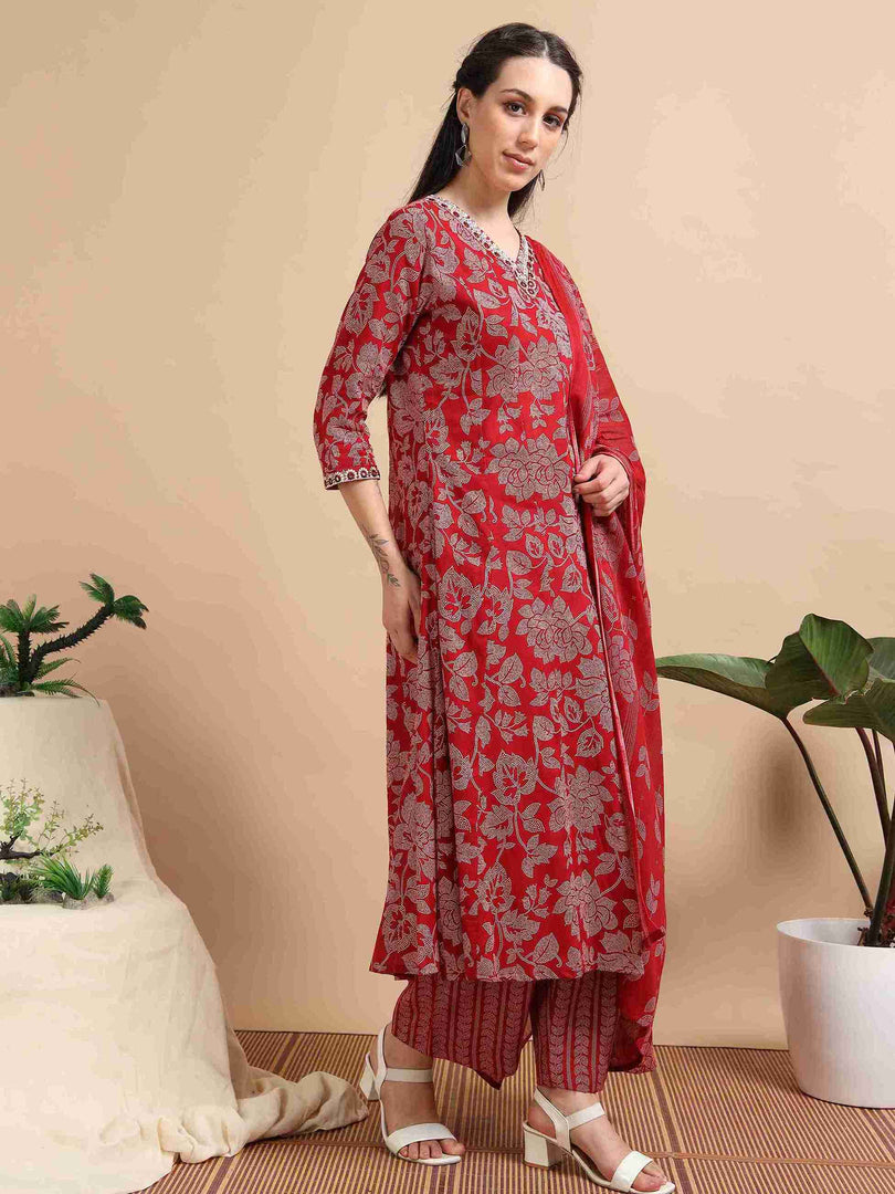 Red Fancy Cotton Floral Printed Anarkali Kurti,Pant and Dupatta Set