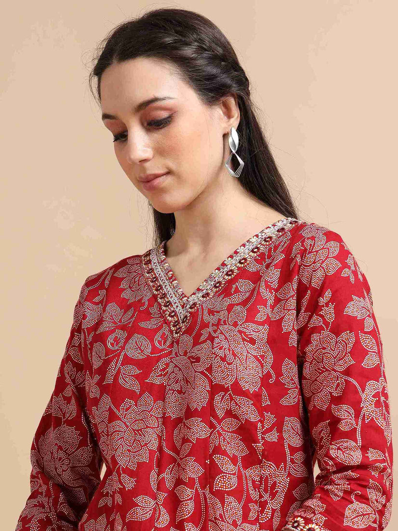 Red Fancy Cotton Floral Printed Anarkali Kurti,Pant and Dupatta Set