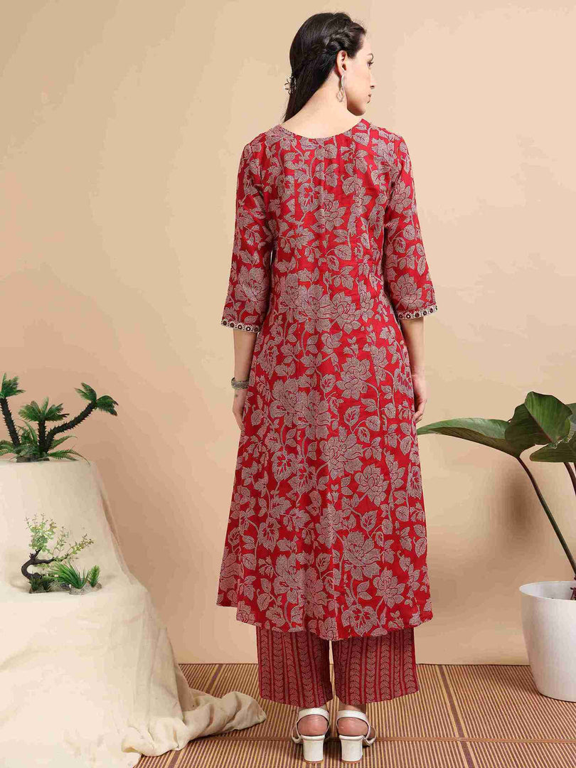 Red Fancy Cotton Floral Printed Anarkali Kurti,Pant and Dupatta Set