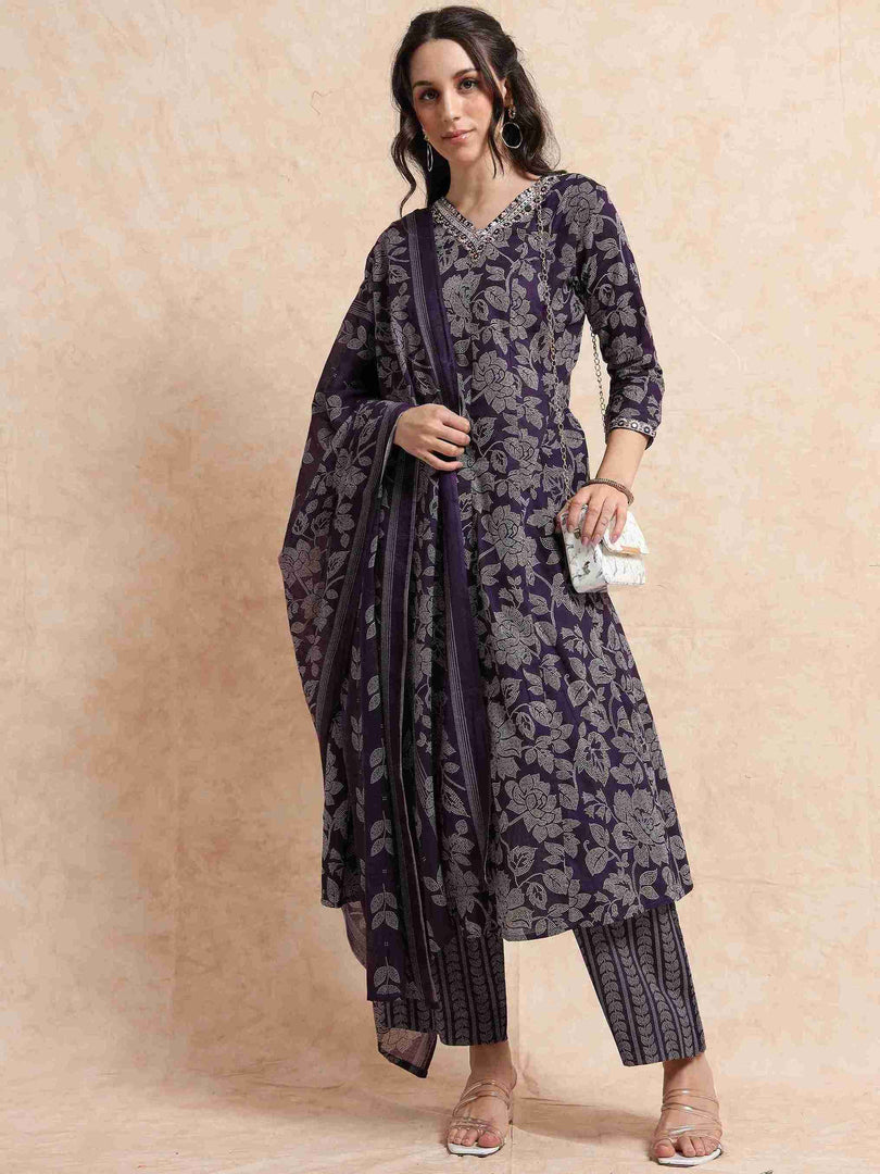 Indigo Fancy Cotton Floral Printed Anarkali Kurti,Pant and Dupatta Set