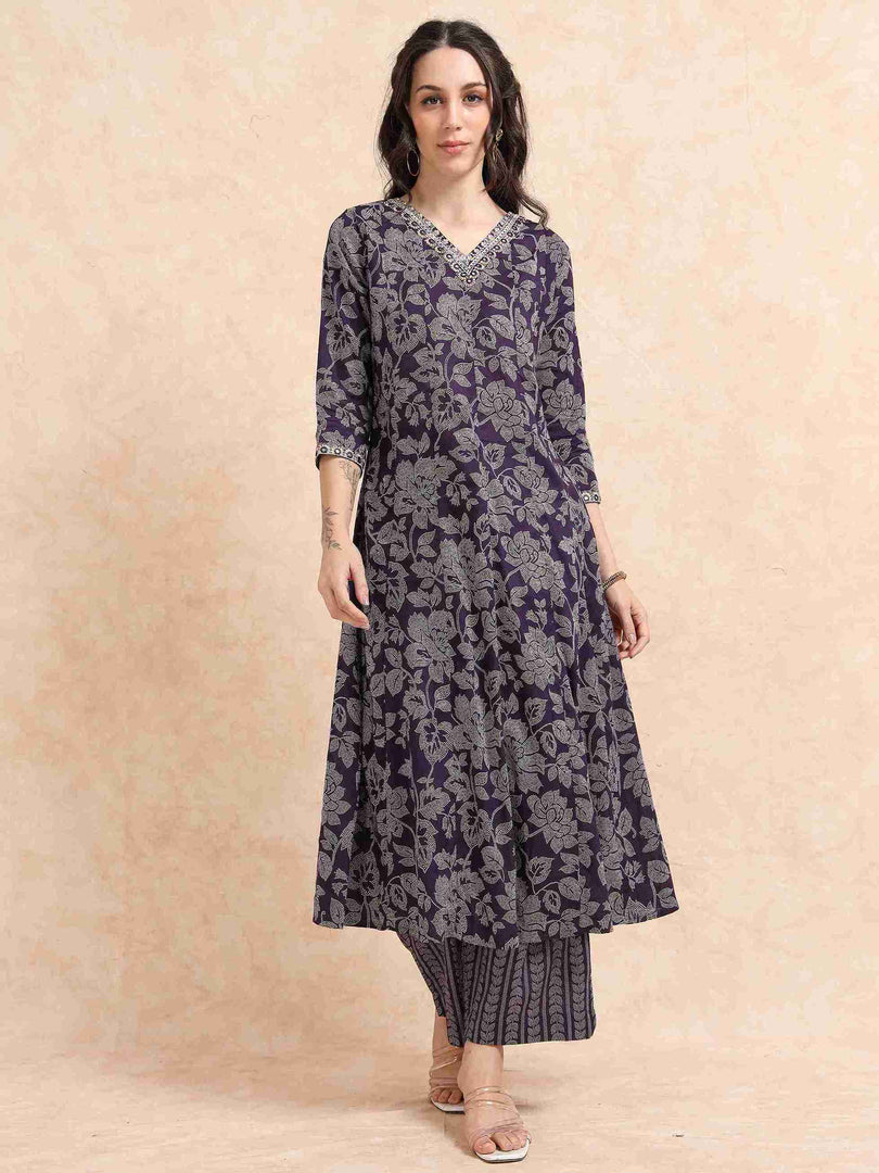 Indigo Fancy Cotton Floral Printed Anarkali Kurti,Pant and Dupatta Set