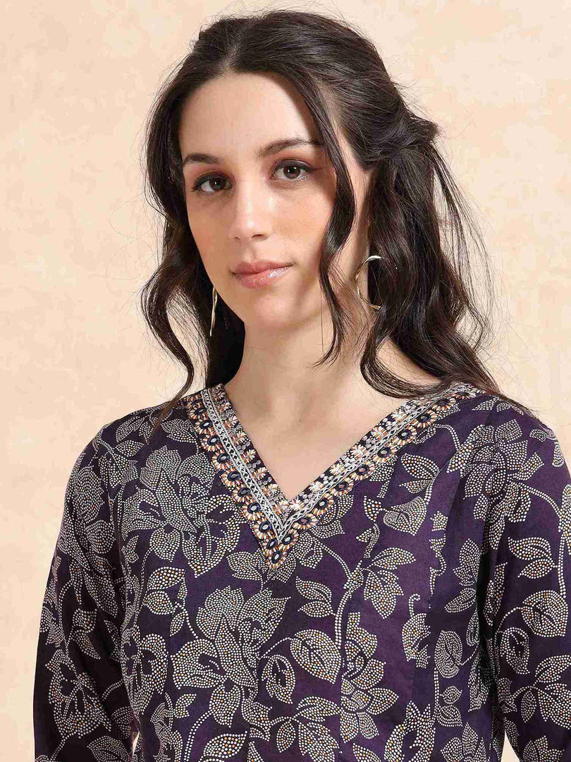 Indigo Fancy Cotton Floral Printed Anarkali Kurti,Pant and Dupatta Set