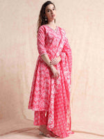 Load image into Gallery viewer, Pink Fancy Cotton Floral Printed Anarkali Kurti,Pant and Dupatta Set
