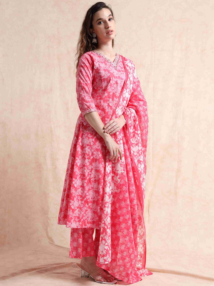 Pink Fancy Cotton Floral Printed Anarkali Kurti,Pant and Dupatta Set