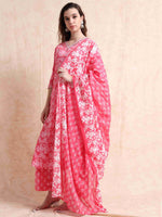 Load image into Gallery viewer, Pink Fancy Cotton Floral Printed Anarkali Kurti,Pant and Dupatta Set
