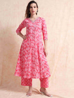 Load image into Gallery viewer, Pink Fancy Cotton Floral Printed Anarkali Kurti,Pant and Dupatta Set

