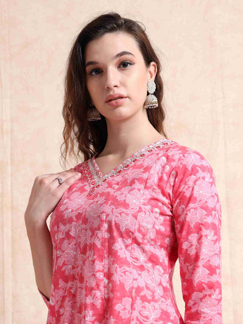 Pink Fancy Cotton Floral Printed Anarkali Kurti,Pant and Dupatta Set