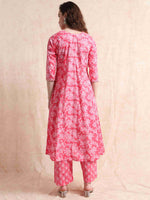 Load image into Gallery viewer, Pink Fancy Cotton Floral Printed Anarkali Kurti,Pant and Dupatta Set
