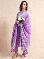 Load image into Gallery viewer, Lavender Fancy Cotton Floral Printed Anarkali Kurti,Pant and Dupatta Set
