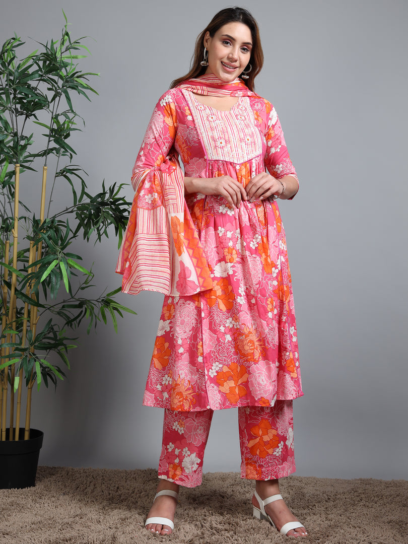 Pink Summer Bloom Cotton Kurti Set