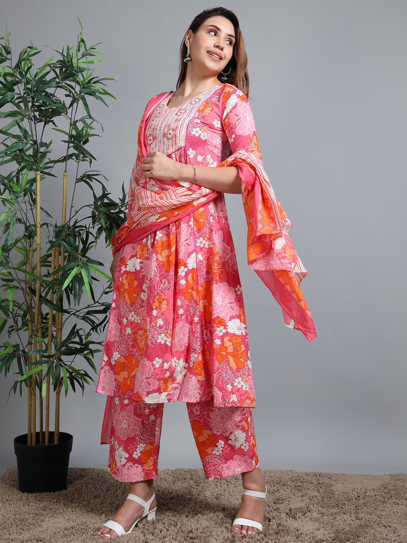 Pink Summer Bloom Cotton Kurti Set