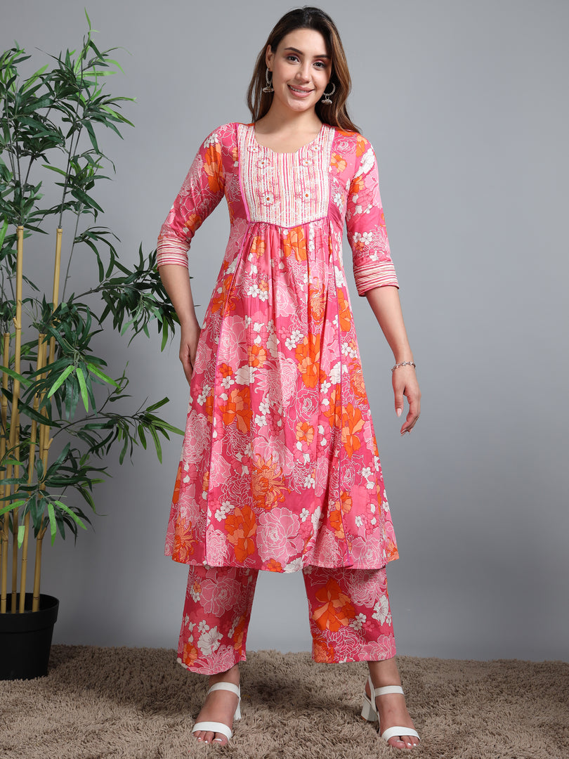 Pink Summer Bloom Cotton Kurti Set