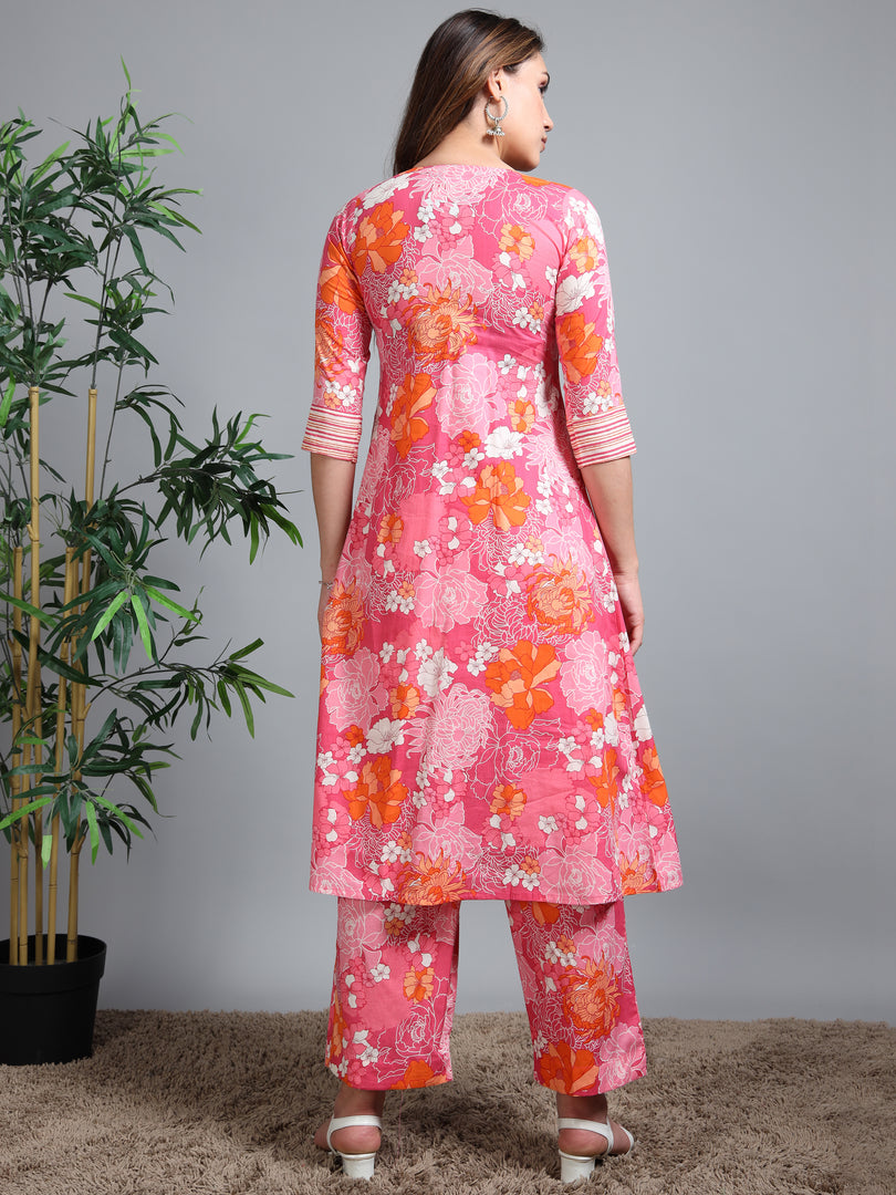 Pink Summer Bloom Cotton Kurti Set