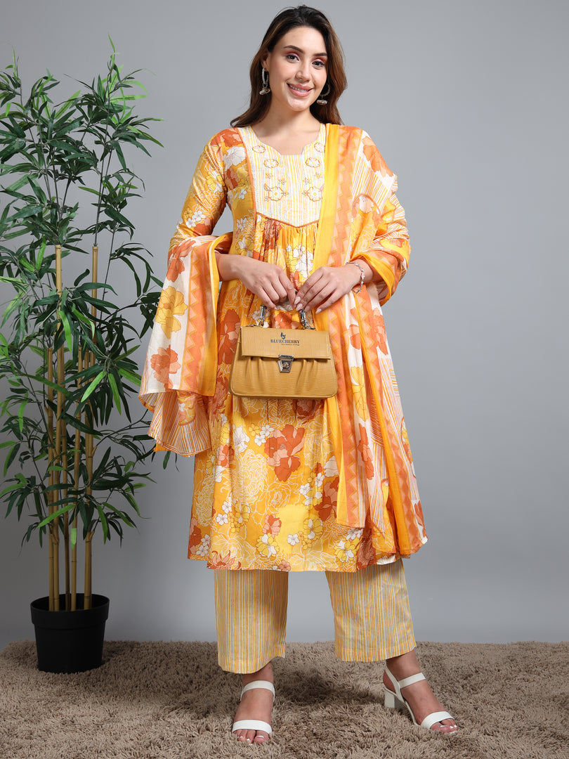 Yellow Summer Bloom Cotton Kurti Set