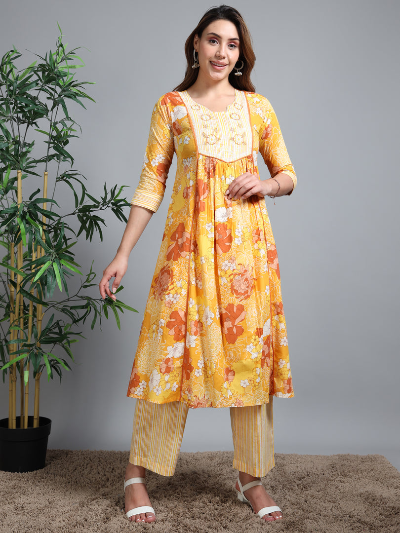 Yellow Summer Bloom Cotton Kurti Set
