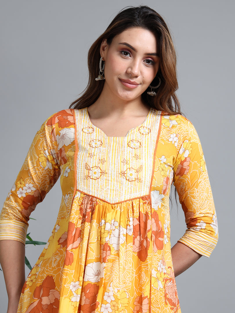 Yellow Summer Bloom Cotton Kurti Set