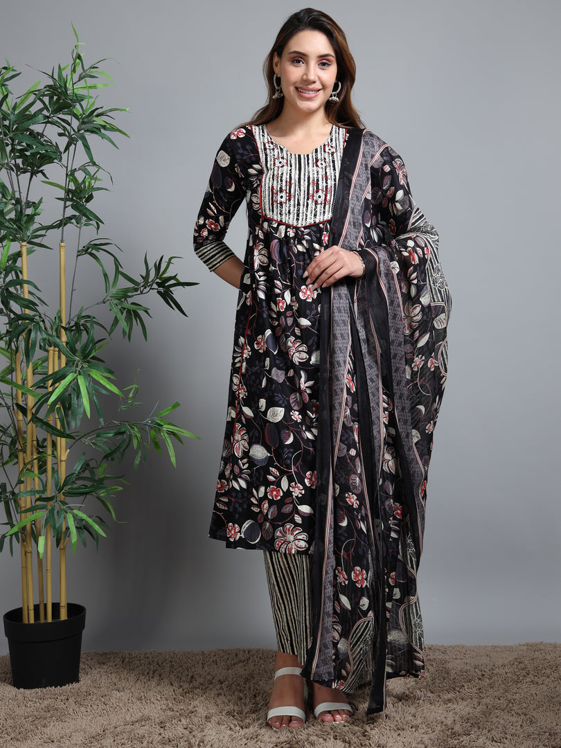 Black Summer Bloom Cotton Kurti Set