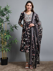 Black Summer Bloom Cotton Kurti Set
