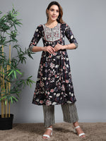 Load image into Gallery viewer, Black Summer Bloom Cotton Kurti Set