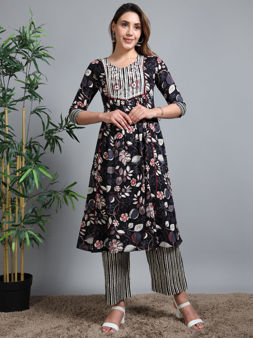 Black Summer Bloom Cotton Kurti Set