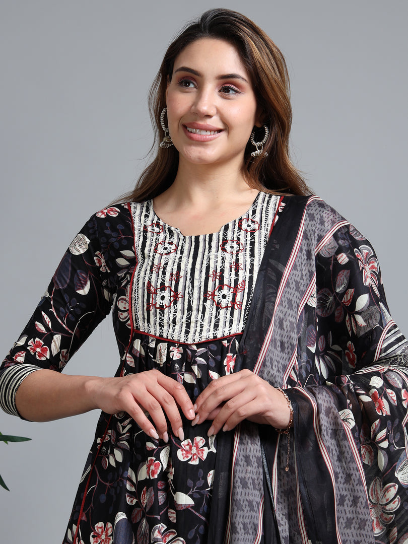 Black Summer Bloom Cotton Kurti Set