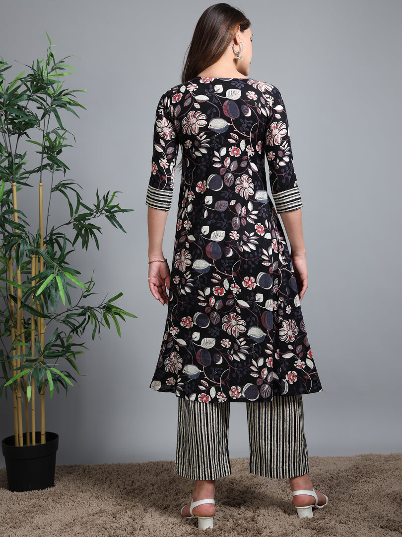 Black Summer Bloom Cotton Kurti Set