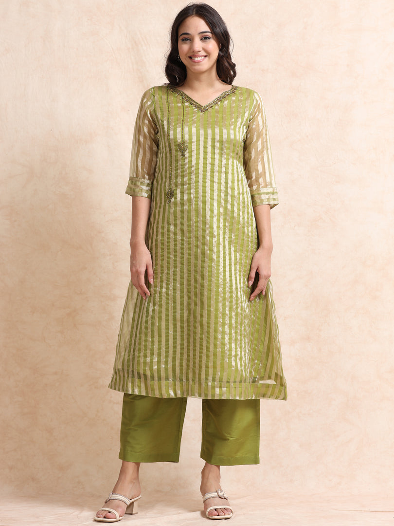 Olive A-Line Tissue Banarasi Broad Stripe Fancy Premium Kurti Set