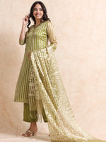 Load image into Gallery viewer, Olive A-Line Tissue Banarasi Broad Stripe Fancy Premium Kurti Set