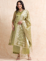 Load image into Gallery viewer, Olive A-Line Tissue Banarasi Broad Stripe Fancy Premium Kurti Set