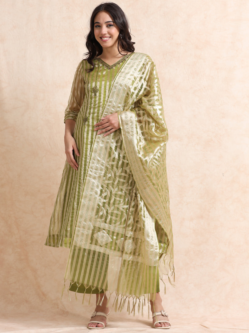 Olive A-Line Tissue Banarasi Broad Stripe Fancy Premium Kurti Set