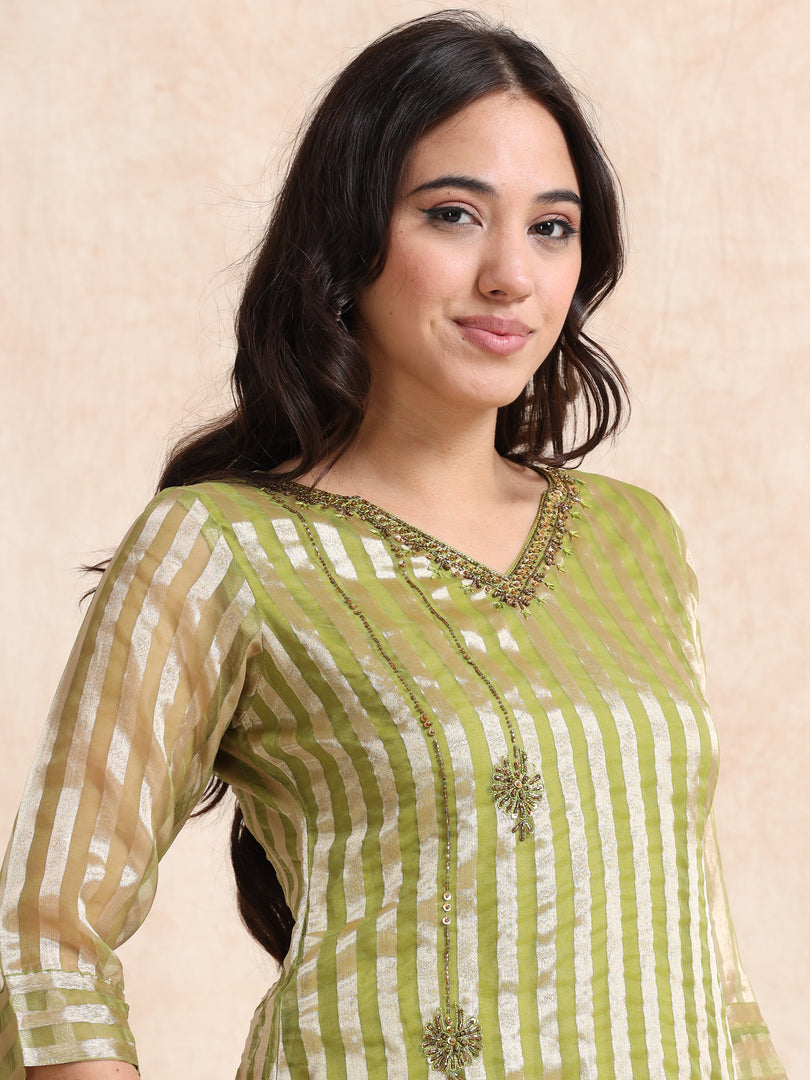 Olive A-Line Tissue Banarasi Broad Stripe Fancy Premium Kurti Set