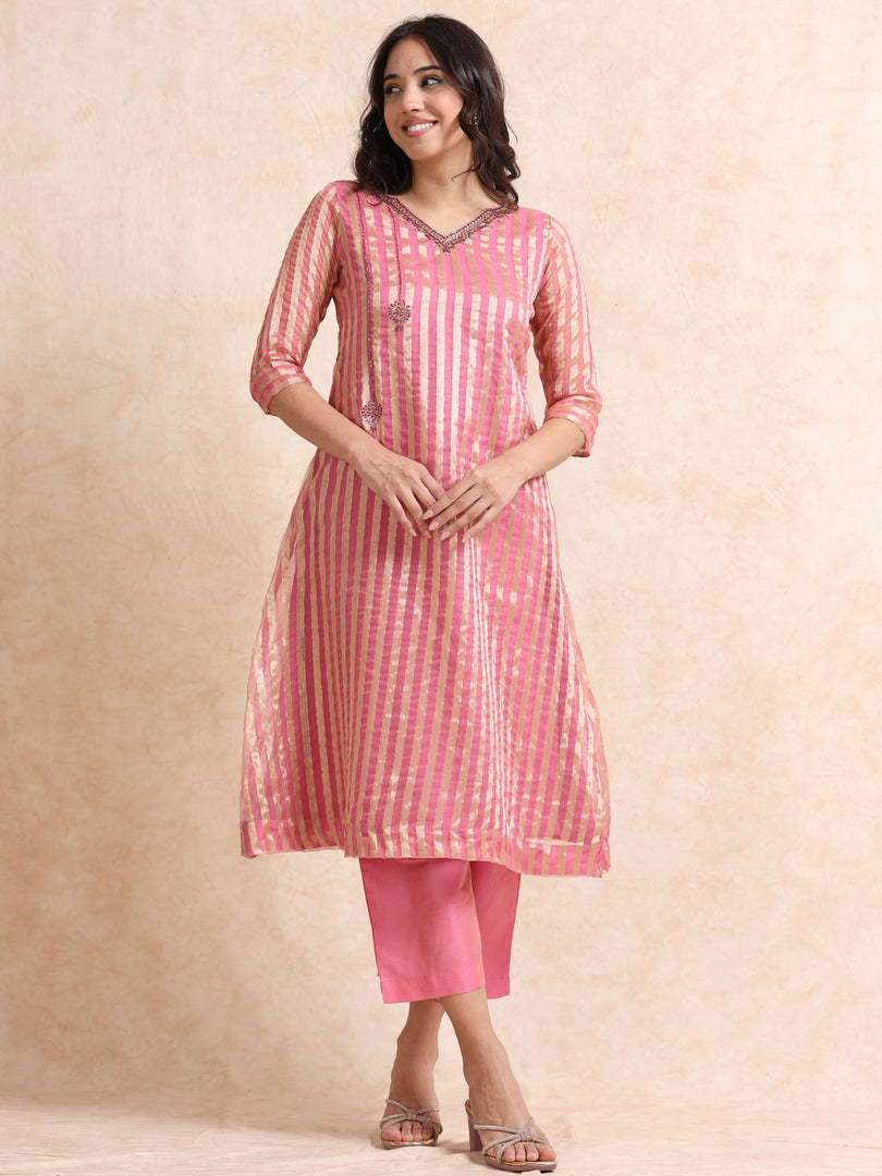 Pink A-Line Tissue Banarasi Broad Stripe Fancy Premium Kurti Set