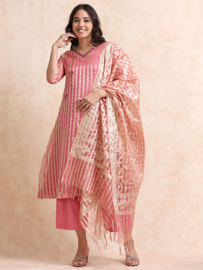 Pink A-Line Tissue Banarasi Broad Stripe Fancy Premium Kurti Set