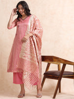 Load image into Gallery viewer, Pink A-Line Tissue Banarasi Broad Stripe Fancy Premium Kurti Set