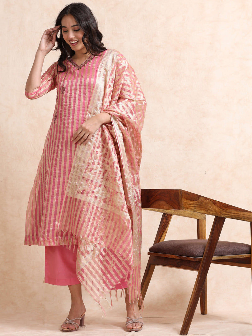 Pink A-Line Tissue Banarasi Broad Stripe Fancy Premium Kurti Set