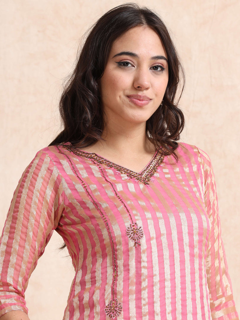 Pink A-Line Tissue Banarasi Broad Stripe Fancy Premium Kurti Set