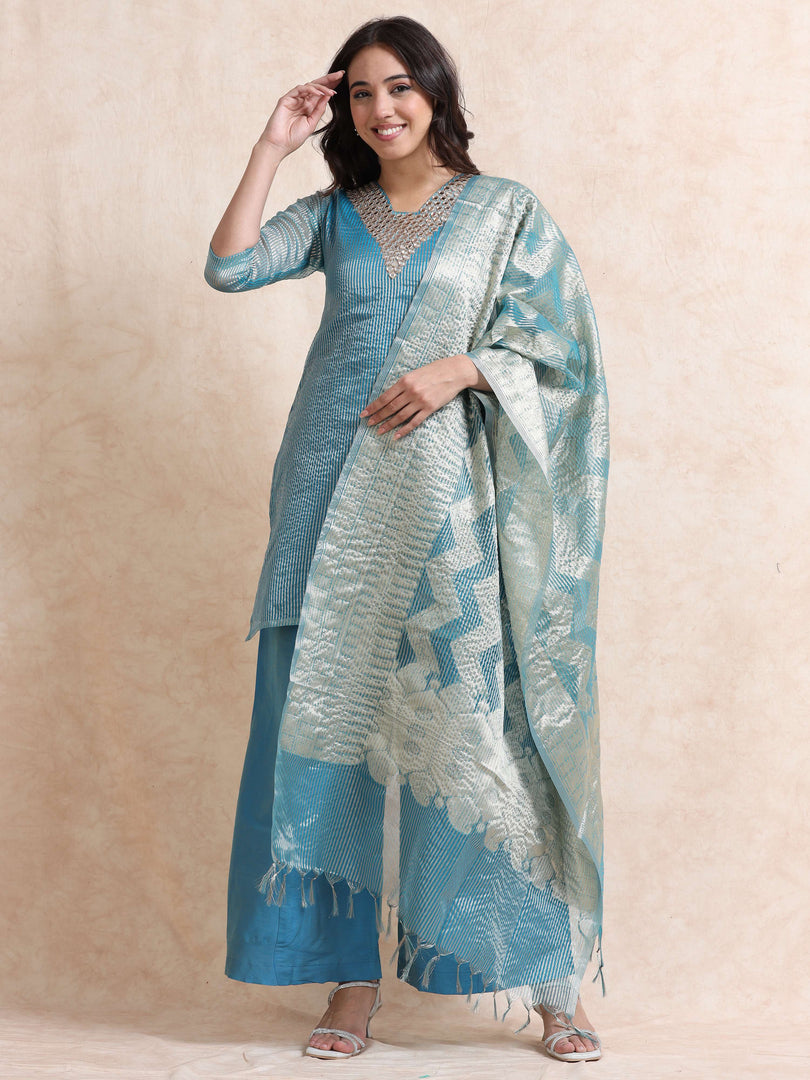 Blue Solid Luxury Banarasi Tissue Anarkali Kurta Set