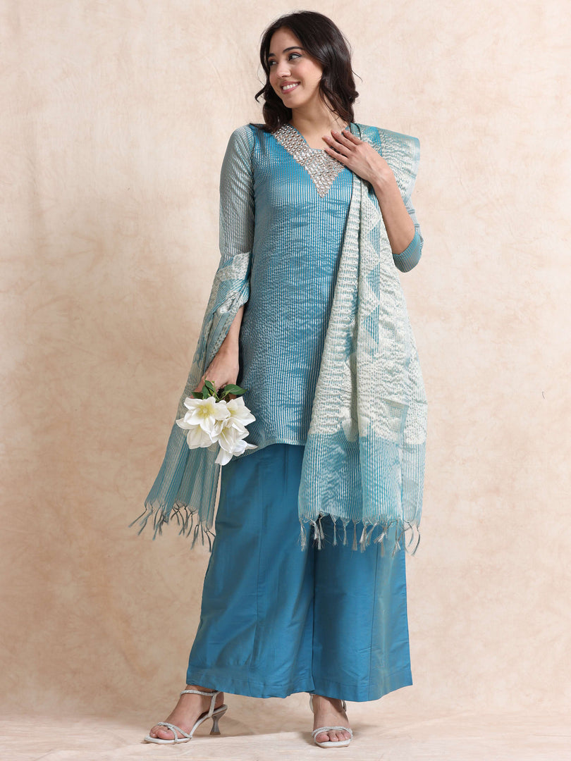 Blue Solid Luxury Banarasi Tissue Anarkali Kurta Set