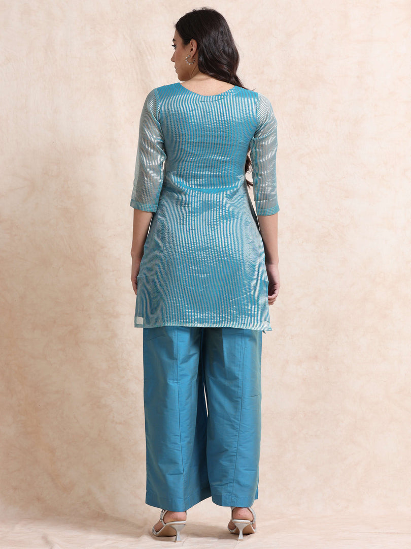 Blue Solid Luxury Banarasi Tissue Anarkali Kurta Set