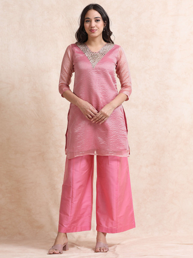 Pink Solid Luxury Banarasi Tissue Anarkali Kurta Set