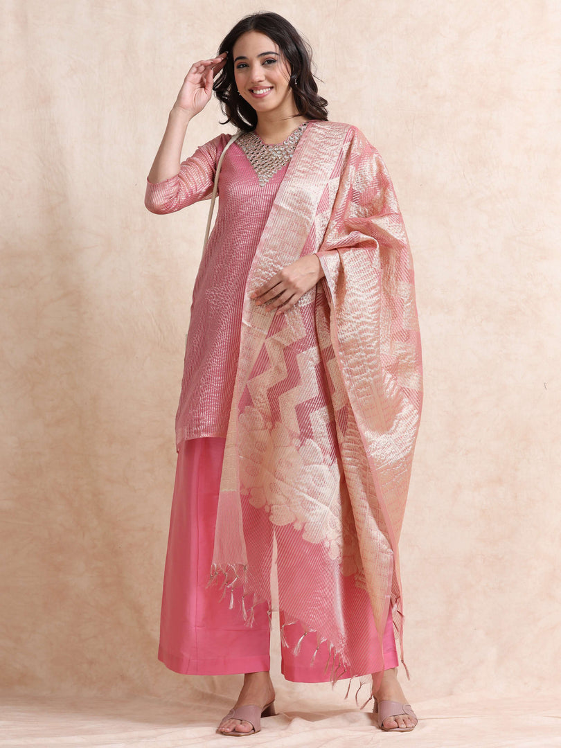 Pink Solid Luxury Banarasi Tissue Anarkali Kurta Set