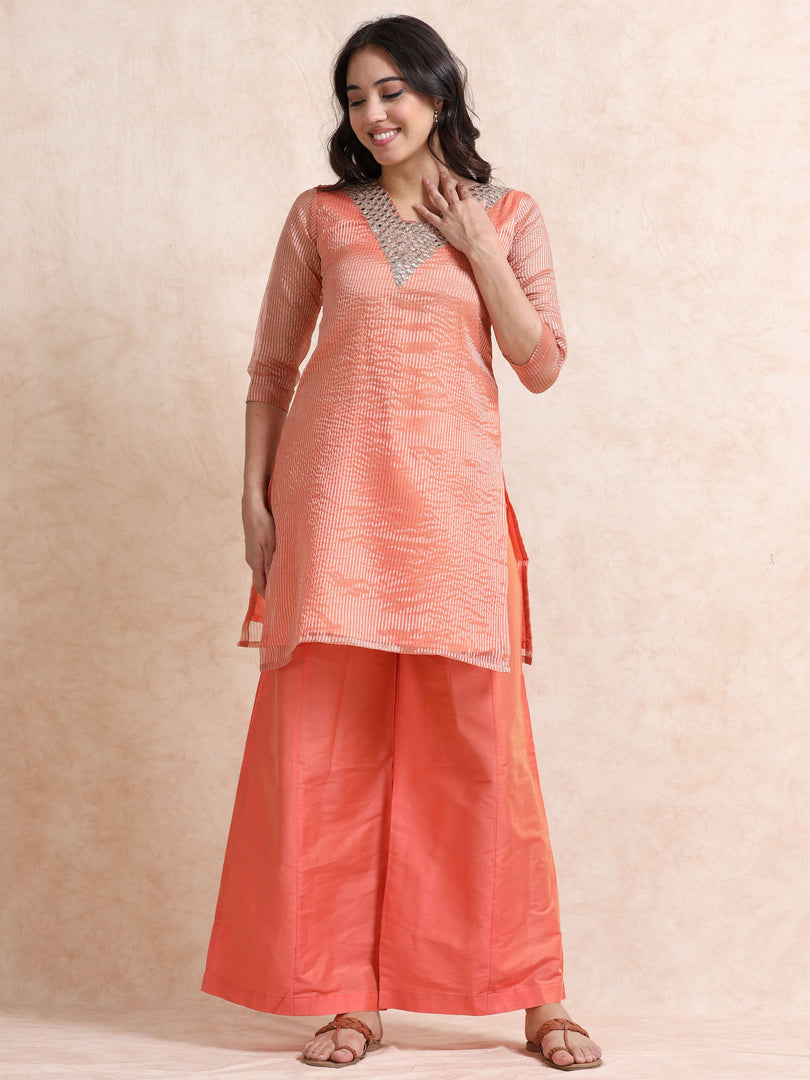 Peach Solid Luxury Banarasi Tissue Anarkali Kurta Set