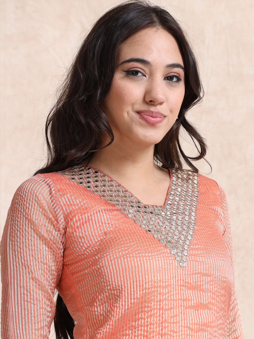 Peach Solid Luxury Banarasi Tissue Anarkali Kurta Set