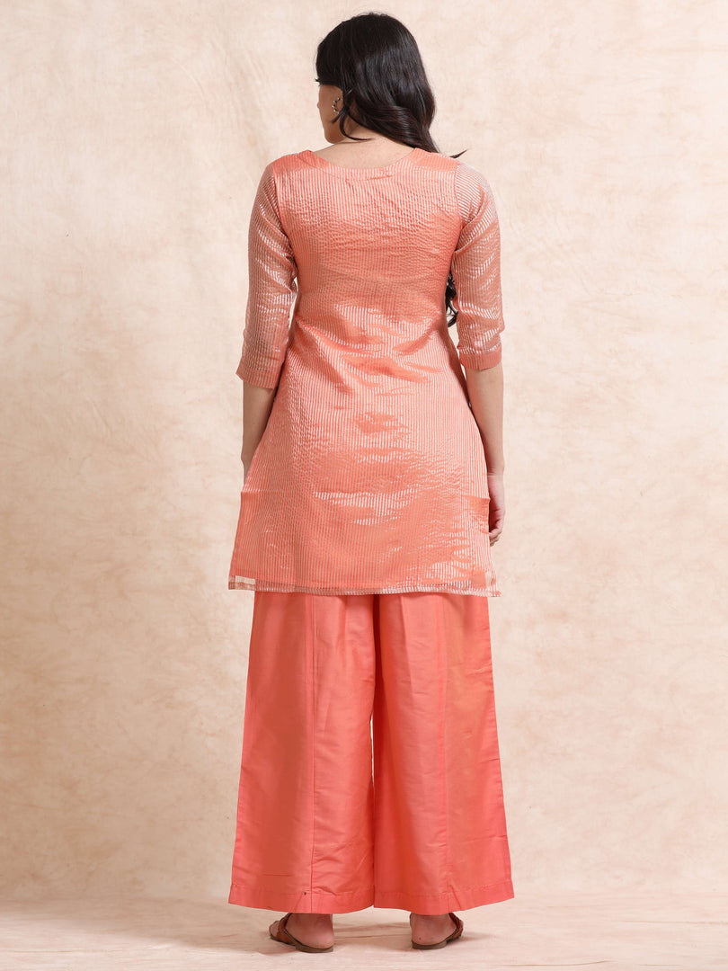 Peach Solid Luxury Banarasi Tissue Anarkali Kurta Set