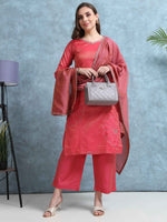 Load image into Gallery viewer, Coral Pink Fancy Fabric Banaras Shimmer Silk Kurti Set