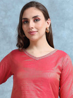 Load image into Gallery viewer, Coral Pink Fancy Fabric Banaras Shimmer Silk Kurti Set