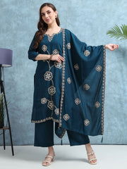 Woman wearing a blue embroidered outfit with a matching dupatta against a light blue background