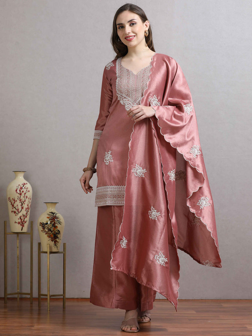 Rosé Glow Hand work Banarasi Silk Straight cut Fancy Suit